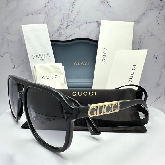 New GUCCI Sunglasses Black Acetate Pilot Aviator 58mm Navigator Gold Metal Logo